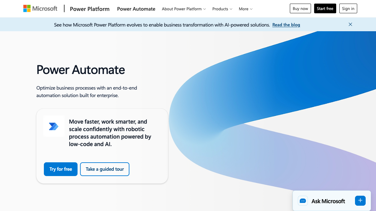 Microsoft Power Automate homepage